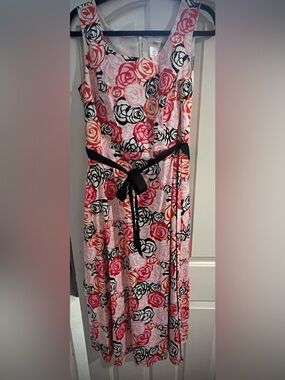 Floral Rose Print Sleeveless Midi Dress with Black Waist Tie Coldwater Creek